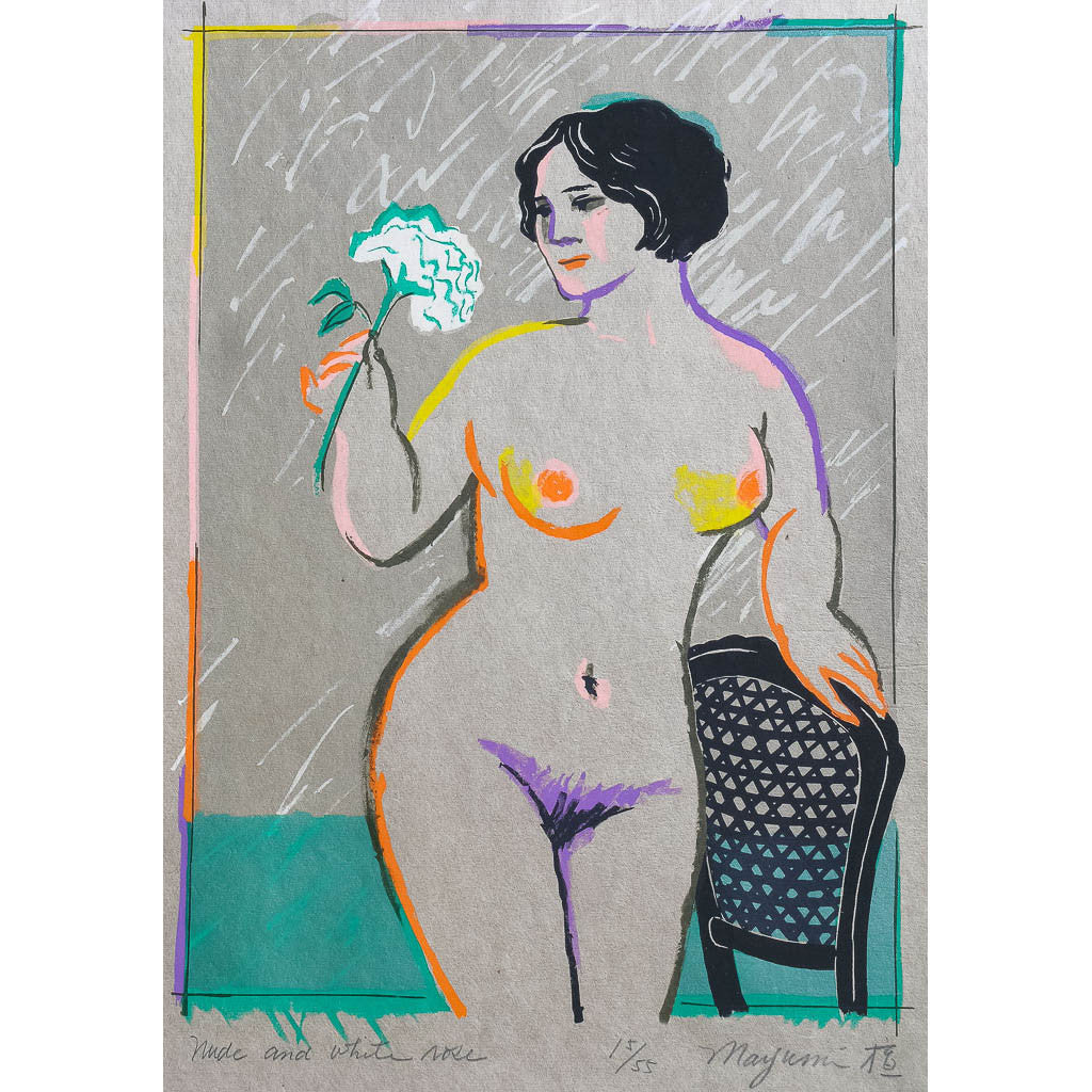 French Postcard, Nude and White Rose